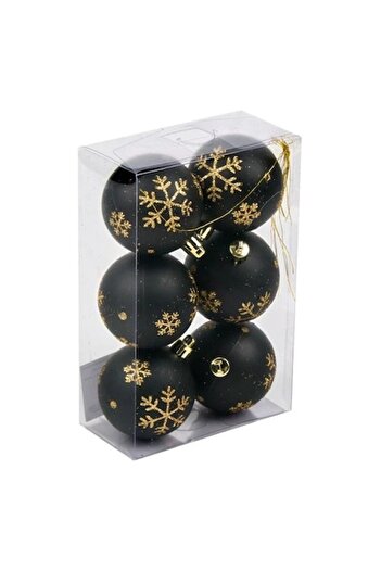 ANTBRO ® Set of 6 Matte Black Christmas Baubles with Gold Glitter Snowflakes, 6 cm