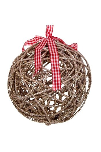 ANTBRO ® Christmas tree ornament - wooden bauble with beige glitter and checkered ribbon, 10cm