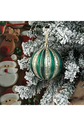 ANTBRO plastic Christmas bauble with raised beige/champagne, green and petrol stripes, glitter, Ø10