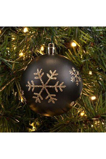 ANTBRO ® Set of 6 Matte Black Christmas Baubles with Gold Glitter Snowflakes, 6 cm