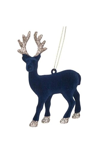 ANTBRO Christmas tree ornament — blue velvet reindeer with beige glitter and gold string, 13 cm