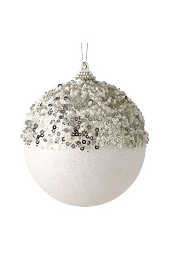 ANTBRO ® white foam Christmas bauble with silver sequins, beads and glitter, Ø8cm