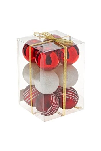 ANTBRO Set of 12 Christmas baubles, matte red with white glitter stripe, shiny red and white with gl