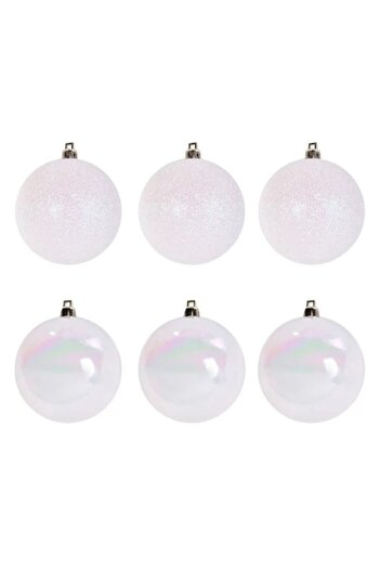 ANTBRO Set of 6 Antbro® shiny white and glitter Christmas tree baubles, 10 cm