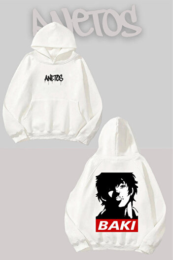 Anetos Baki Hanma Anime Back Printed White Hooded Sweatshirt