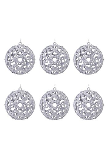 ANTBRO Set of 6 perforated silver glitter Christmas baubles, 8 cm