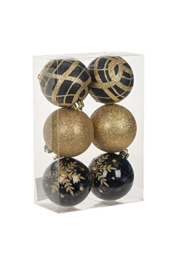 ANTBRO set of 6 black Christmas baubles, shiny and matte, with gold glitter snowflakes, 8cm