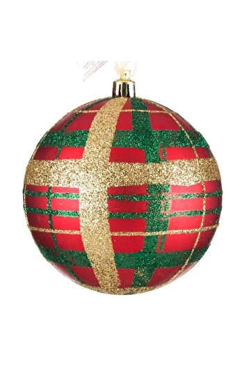ANTBRO ® Christmas ornament - red matte bauble with checkered pattern, gold and green stripes, plast