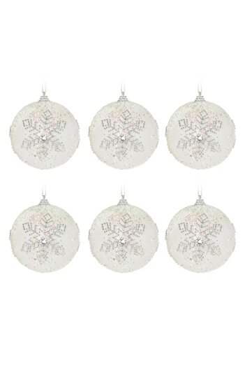 ANTBRO Set of 6 Christmas tree baubles, foam with iridescent glitter and silver snowflake, 8 cm
