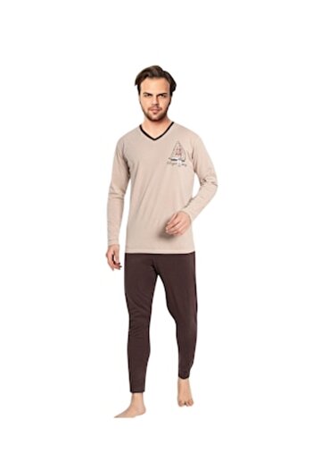 berfin - Men's pajamas, cotton, V-neck, brown, S