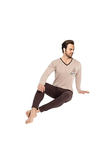 berfin - Men's pajamas, cotton, V-neck, brown, S