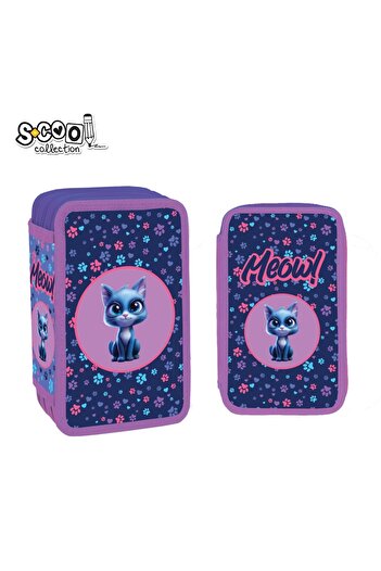 S COOL Equipped Pencil Case, 3 Zippers, 39 Pieces, MEOW - S-COOL