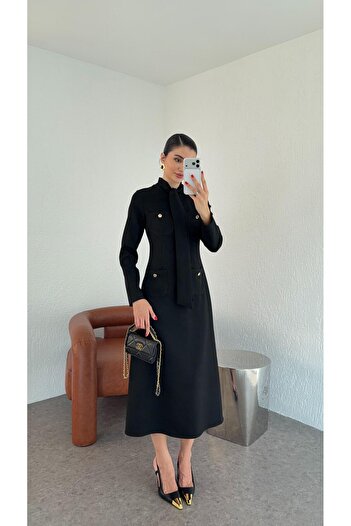 HAZELANNA Black Dress with Scarf