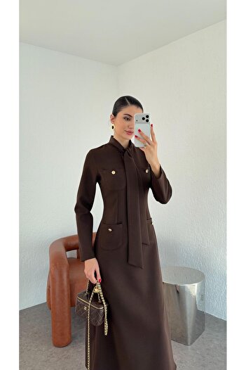 HAZELANNA Brown Dress with Scarf