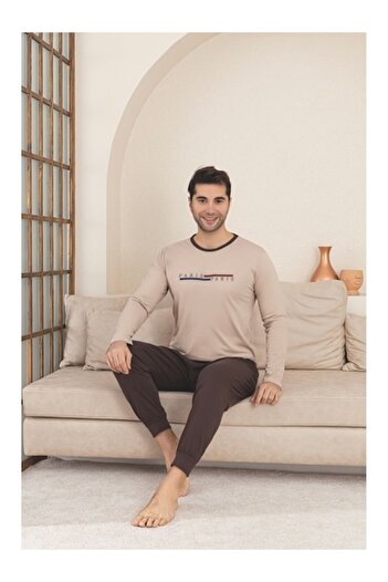 berfin - Men's pajamas, cotton, round neckline, light brown, M