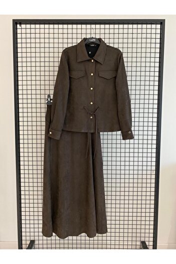 Armine TREND New Season Velvet Shirt Collar Buttoned Waist-Tightening Jacket and Zippered Velvet Skirt Top-And-Bottom Set