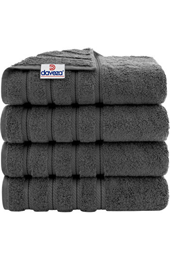 DAVEZA Set of 4 Premium Daveza Towels, 600 GSM, 100% Turkish Cotton, Dark Grey Color