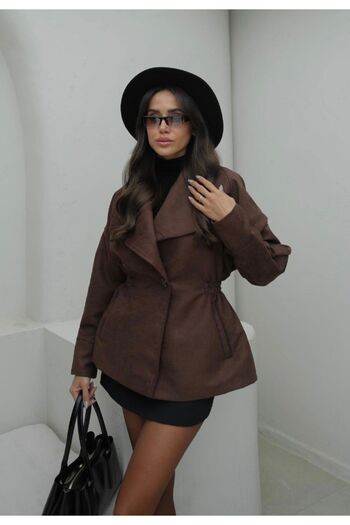 FMN Collection Women Loose Fit Drawstring Waist Fitted Single Button Big Lapel Design Nubuck Suede Fabric Coat Jacket