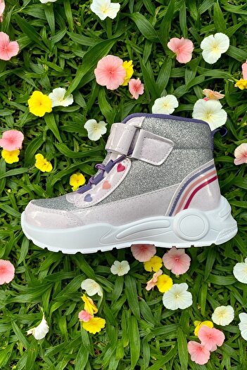 ALTUNTAŞ Girl's Winter Lighted Velcro Anatomical Sole Comfortable Boots Silver Purple