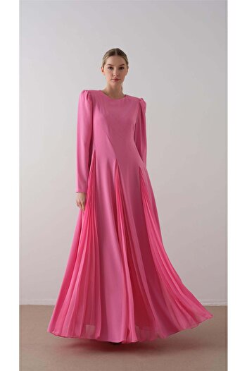 miha Hicran Önal Partial Printed Crepe Chiffon Dress Pink
