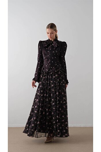 miha Hicran Önal Printed Dress with Scarf on the Front Black