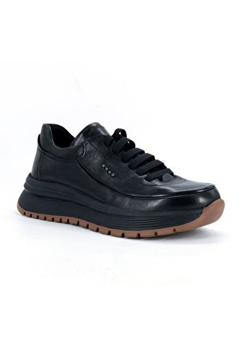 Mammamia D25Ka-3795 Black Faber Genuine Leather Lace-Up Women's Daily Casual Shoes