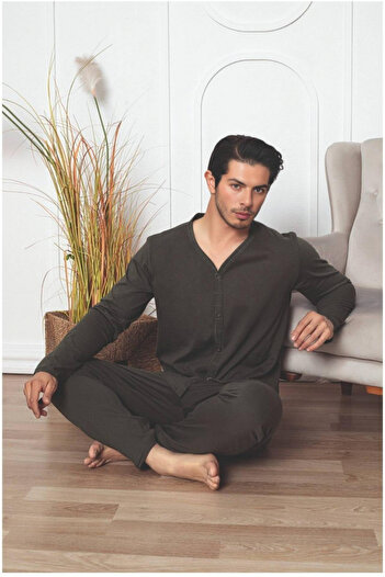 embody Men's cotton buttoned pyjamas, large size, with sleeves and long trousers, grey 3005