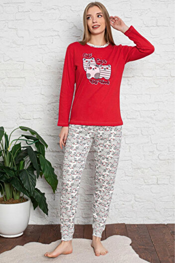 embody Women's cotton pyjamas, sleeves and long trousers, Cute Cats print, red