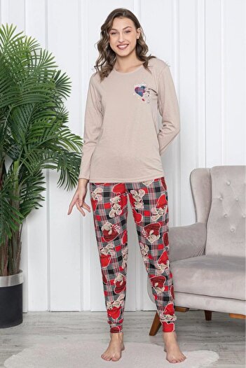 embody Women's cotton pyjamas, teddy bear print with hearts, beige 104