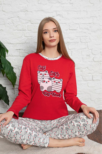 embody Women's cotton pyjamas, sleeves and long trousers, Cute Cats print, red