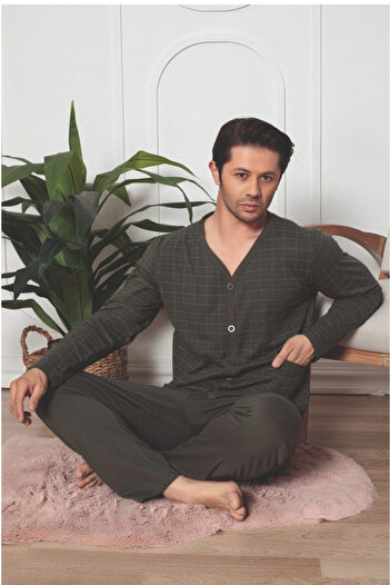 embody Men's cotton pyjamas with buttons and pocket, plus size, with sleeves and long trousers, grey 3008