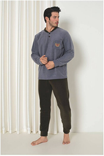 embody Men's cocolino fleece pyjamas, fine, delicate and soft, grey/brown 1046