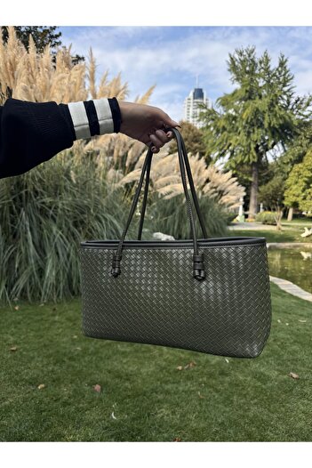 Tina İstanbul Knitted Textured Zippered Tote Hand and Shoulder Bag Khaki