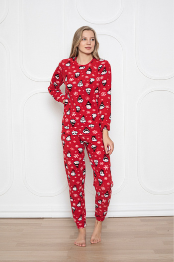 embody Lady's cocolino pyjamas, Christmas print with penguins and snowflakes, red 07