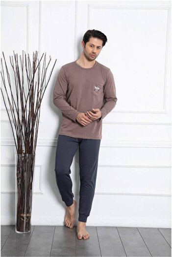 embody Men's quality cotton pyjamas, long sleeves and trousers, brown 1036