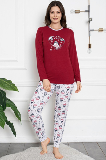 embody Women's cotton pyjamas, penguin Christmas print, red 809