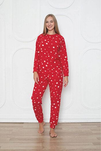 embody Lady's cocolino pyjamas, soft polar fleece, Christmas stars print, red 507