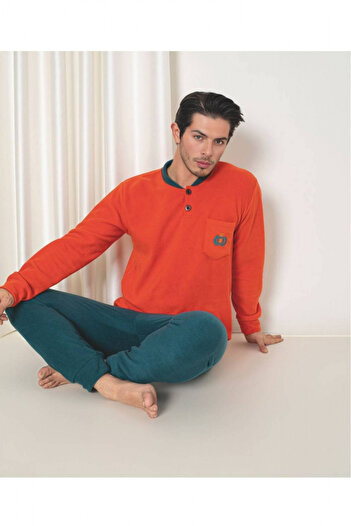 embody Men's cocolino polar fleece pyjama, fine, delicate and soft material, burgundy/green