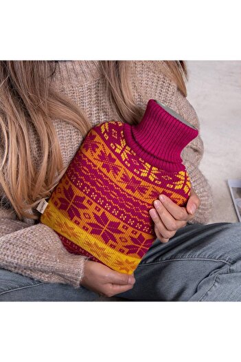 Generic Hot water bottle with a knitted fabric cover. The cover features a warm, woven winter fabric pattern.