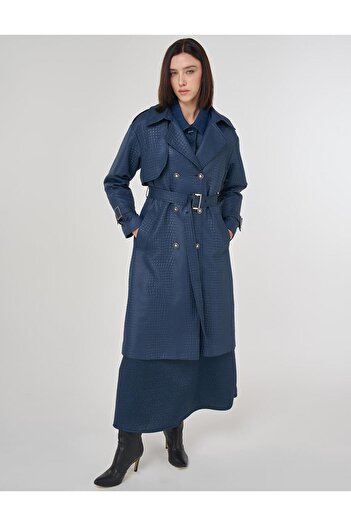 Kayra Buckle Detailed Embossed Trench Coat Navy Blue