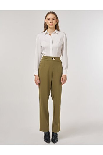 Kayra Metal Buckle Pipe Leg Trousers Khaki