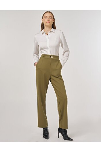 Kayra Metal Buckle Pipe Leg Trousers Khaki