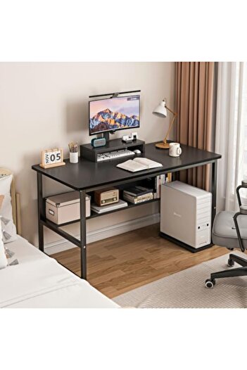 Aralifes Modern Computer Desk Gaming Table with Storage Shelves - Hardwood and Metal Study Desk