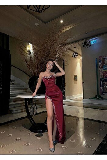 Modafeminen Stone Strapless Slit Velvet Evening Dress 583052 Bordo