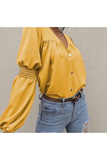 Modafeminen Mustard Yellow Balloon Sleeve Rubber Cuff Buttoned Shirt 581599 Yellow