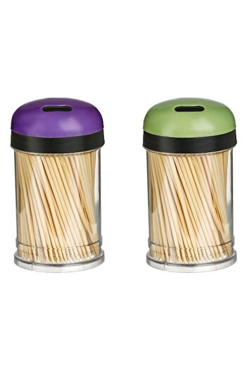 SHOPIENS Toothpick Containers Set, 2 pcs, Bamboo Toothpicks, Purple and Green Lids, Ø4cm x H7cm