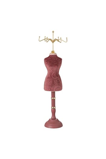 SHOPIENS Jewelry Organizer Stand Mannequin, Brocade, Wooden Base, Dusty Pink, Ø12cm x H40cm