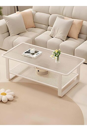 Taimi Modern Design 2-Tier Coffee Table 120x60x42cm -Center Table with Tempered Glass & Metal Frame White