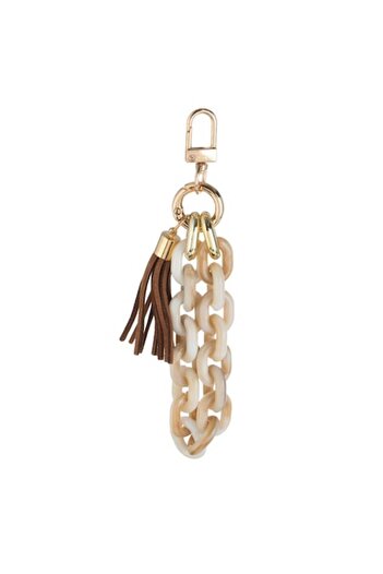 SHOPIENS Women's Keychain, Plastic, Ecru-Beige with Gold Tassel, 13 cm - MYONNA