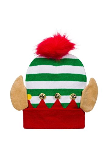 SHOPIENS Elf Christmas Knit Hat, Multicolor with Ears, Bells and Red Pompon